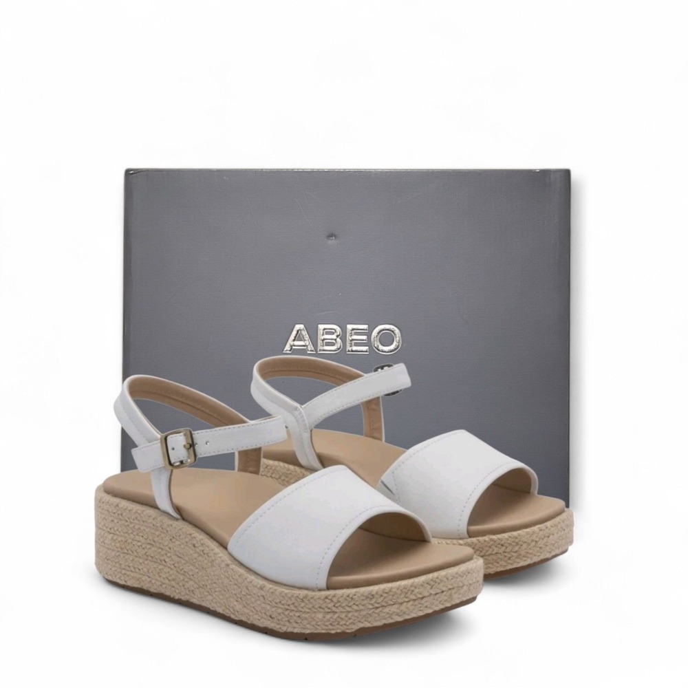 New ABEO 11 White Solstice Buckle Wedge Espadrille Sandal Comfort Cushioned Shoe